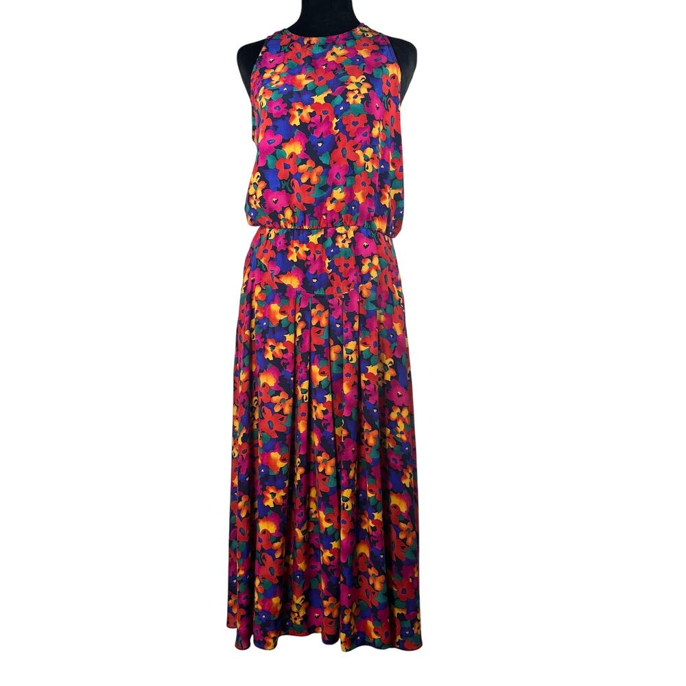 Vintage 90s Women's 11/12 Summer Maxi Dress Made in USA Colorful Floral Rayon